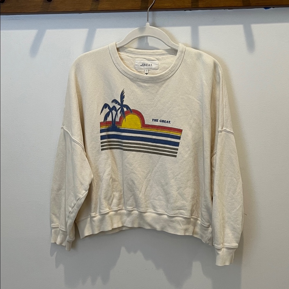 THE GREAT. Washed White Teammate Sweatshirt w/ Sunset Graphic – Size 1/Small - Picture 3 of 5